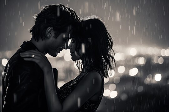 Couple in Love kissing in the rain. Black and white photography. Generative Ai