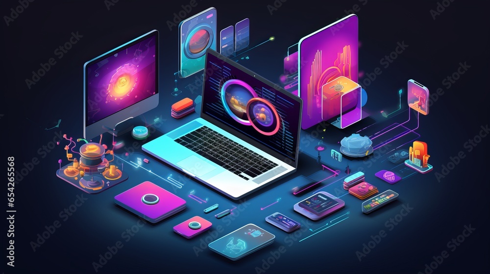 Poster isometric computer technology illustration with pc, laptop, and mobile devices on desk - programming