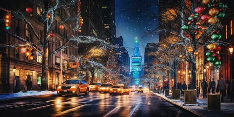 A bustling New York city street at night representing the Christmas, Genarative AI. - obrazy, fototapety, plakaty