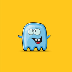 Funny cute smiling blue ghost monster isolated on orange background. Ghost cartoon character and cute emoji. Halloween spirit element.