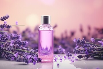 Obraz na płótnie Canvas Lavender pastel parfume in a glass bottle, template. AI generated