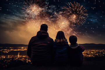 A Family sitting on hill and watching the fireworks