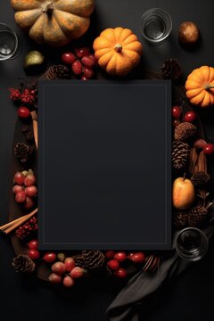 Black thanksgiving day empty flyer with pumpkins. AI generated