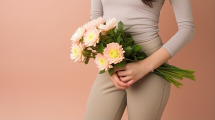 cropped view of woman holding bouquet of flowers isolated on beige generativa IA