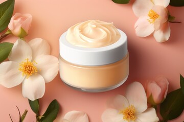 Beige glass jar with moisturizer cream blank mock-up with flowers. AI generated