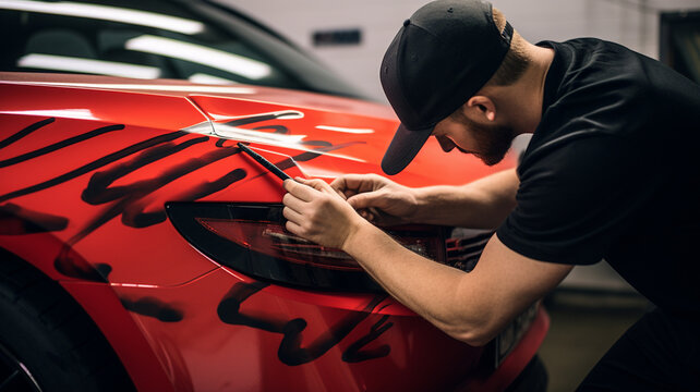 Car detailing. Man in black t-shirt and cap polishing red car generativa IA