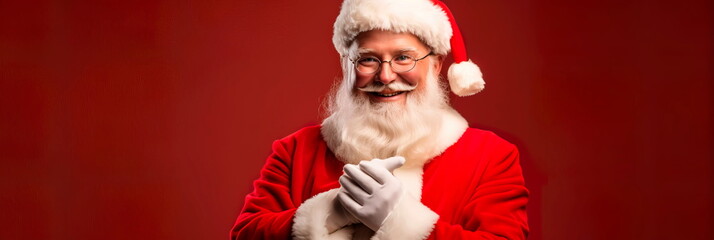 charismatic santa claus striking a pose against a colored background promoting the holiday . Generative AI