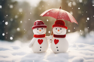 Snowmen with umbrella standing in snowy winter