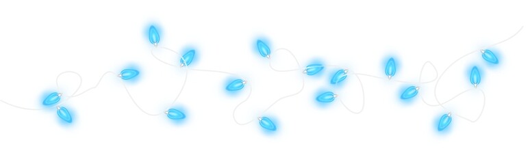 Pale blue christmas glowing garland. Christmas lights. Colorful Christmas garland. The light bulbs on the wires are insulated. PNG.