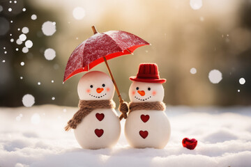 Snowmen with umbrella standing in snowy winter