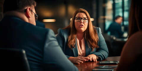 plus-size manager conducting a performance review, emphasizing her professionalism and commitment to employee development. Generative AI - obrazy, fototapety, plakaty