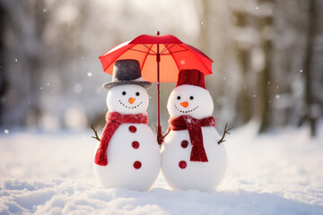 Obraz premium Snowmen with umbrella standing in snowy winter