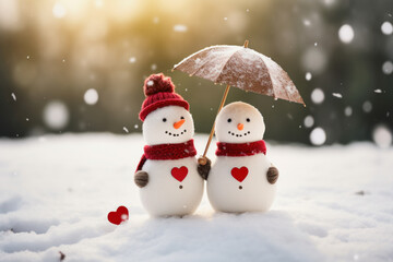 Snowmen with umbrella standing in snowy winter
