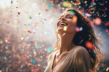 Smiling Woman Dancing Showered With Confetti