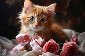 A tender watercolor image of a red kitten with a bow around its neck