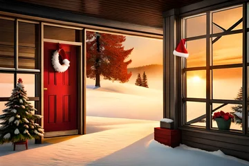 Fotobehang An HD image capturing the rustic charm of a wooden red sign adorned with a Santa hat, creating a festive and inviting scene that evokes the spirit of the holiday season. © Muqeet 