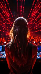 A fictional girl DJ from the back in front of a large crowd. With club lights in the background.