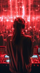 A fictional girl DJ from the back in front of a large crowd. With club lights in the background.
