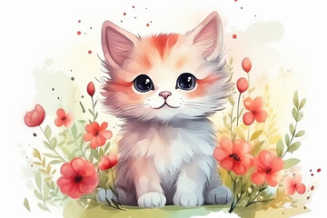 A cute red kitten in a whimsical watercolor style