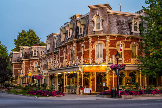 Ontario, Canada - July 10, 2023: Niagara On The Lake At Night With The Prince Of Wales Hotel All Lit Up.