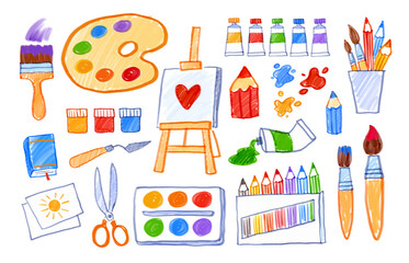 Felt pen vector illustrations collection of child drawings of art supplies