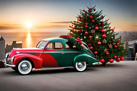 A picturesque image of a car in a room decked out for Christmas, featuring a beautifully decorated tree on top of the car, all captured in high-definition to bring the festive spirit to life.