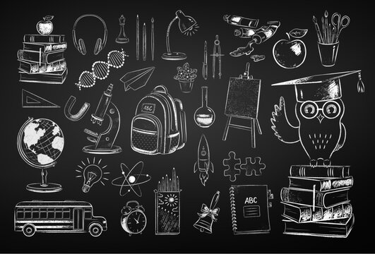 Vector chalk drawn illustration set of education and science items on chalkboard background.