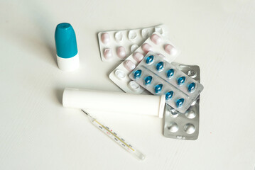 Different medicines: tablets, pills in blister pack, medications drugs, macro, copy space