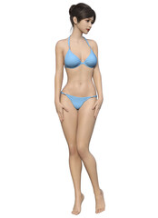水色のビキニ姿で横を向いてポーズをとる日本人女性のイラスト 3Dモデルの全身斜め横向き