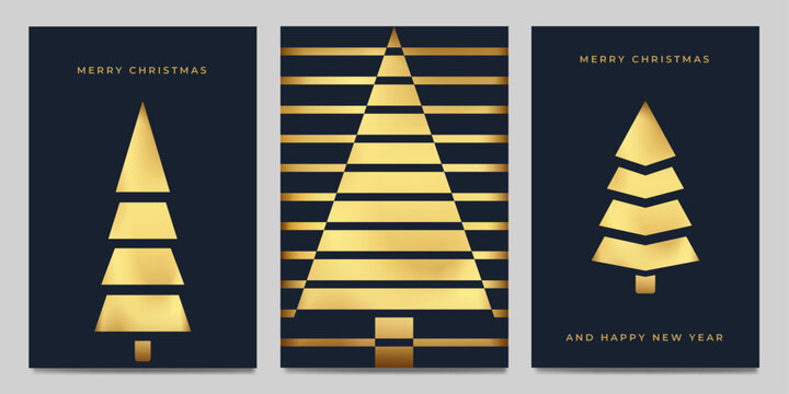 Set mit modernen Gru&szlig;karten f&uuml;r Weihnachten  und Silvester mit goldenen Weihnachtsbaum Symbolen auf dunkel blauen Hintergrund