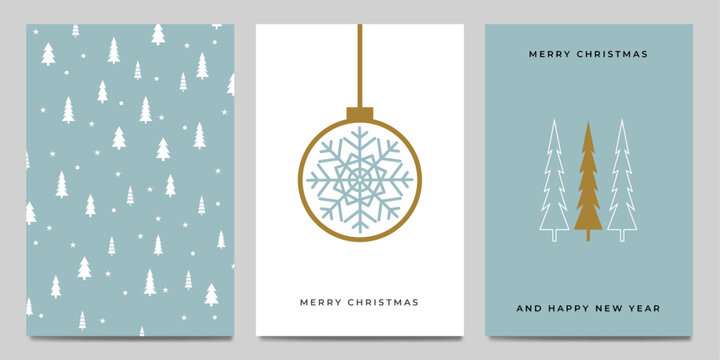 Set mit Weihnachts Gru&szlig;karten im retro Design. Symbole von Schneeflocken und Weihnachtsb&auml;umen in Blau und Gold.