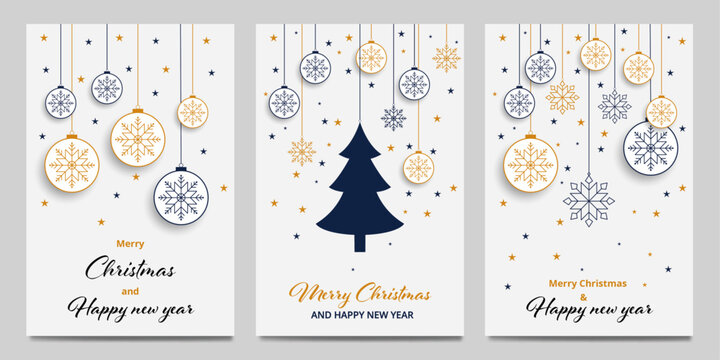 Set mit Weihnachtskarten auf wei&szlig;em Hintergrund, Design mit Weihnachtsbaum, Schneeflocken Symbolen und Sternen.