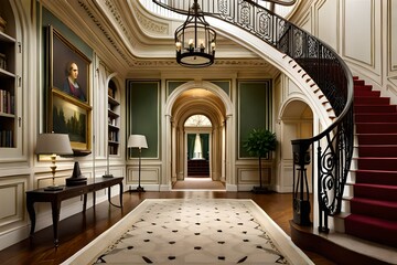 A hallway with a grand staircase and a wreath on the banister