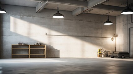 an empty concrete garage. The well-lit space features clean walls, a polished concrete floor, and modern hanging lamps, creating a minimalist and functional design. - obrazy, fototapety, plakaty