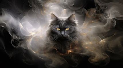 In a striking display of white and gold smoke, the black cat exudes a sense of mystique and allure, captivating with its enigmatic presence. - obrazy, fototapety, plakaty