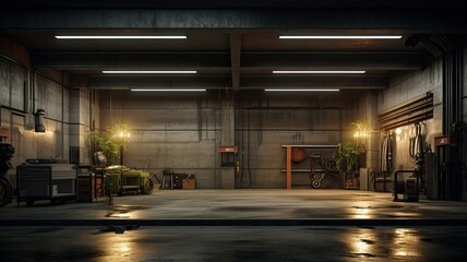 an empty concrete garage. The well-lit space features clean walls, a polished concrete floor, and modern hanging lamps, creating a minimalist and functional design. - obrazy, fototapety, plakaty