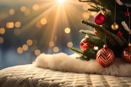 A captivating close-up photo highlighting the festive ornaments on a Christmas tree, nestled near a white bed dressed with soft pillows, embodying the warmth of the holiday season.