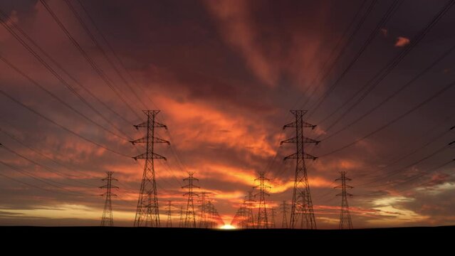 High voltage Electric Power Transmission Lines at sunset. Seamless Background, 30 FPS.