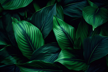 Closeup Nature View of Green Leaf Background, Dark Wallpaper Concept.