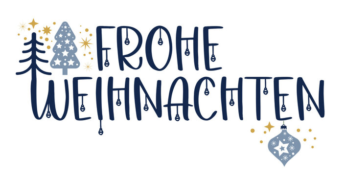 Frohe Weihnachten - dekoratives Banner mit blauer Weihnachtsdekoration auf wei&szlig;em Hintergrund - deutscher Text