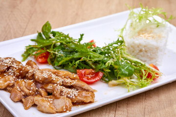 meat with salad and rice