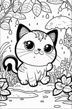 Black and white image of coloring page for kid's cute cat