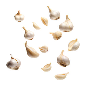 flying garlic and cloves isolated on transparent background Remove png, Clipping Path