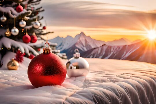 A captivating close-up image showcasing the festive ornaments on a Christmas tree, nestled near a white bed adorned with cozy pillows, embodying the spirit of the holiday season.