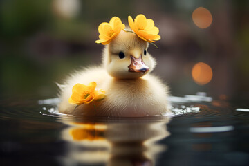 Cute baby duckling with yellow flower on its head - 654270940