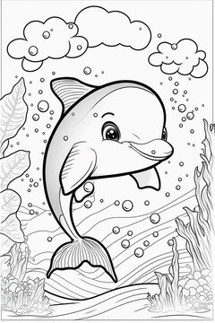Black and white image of coloring page for kids cute Dolfin
