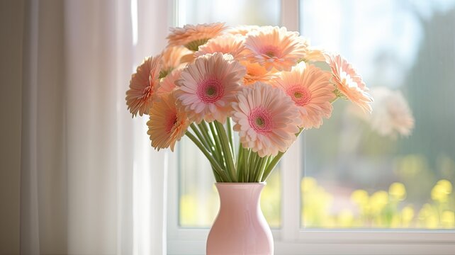beautiful pink gerbera flower in a vase on the table, close-up, white modern interior, space for text on the right.