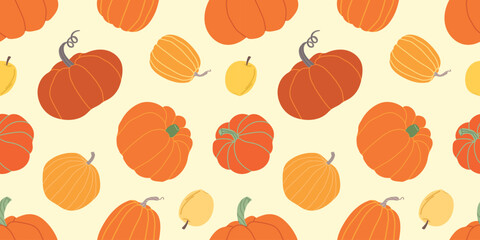 Autumn seamless patterns. Pattern with apples and pumpkins. Pumpkin harvesting seamless pattern. Colorful harvest illustration. Used for paper, cover, gift wrap, fabric. Vector illustration