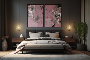 Contemporary bedroom featuring a 3D interior design with a picture frame placeholder. Generative AI