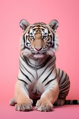 Obraz premium One close up tiger on studio pink coloured background.